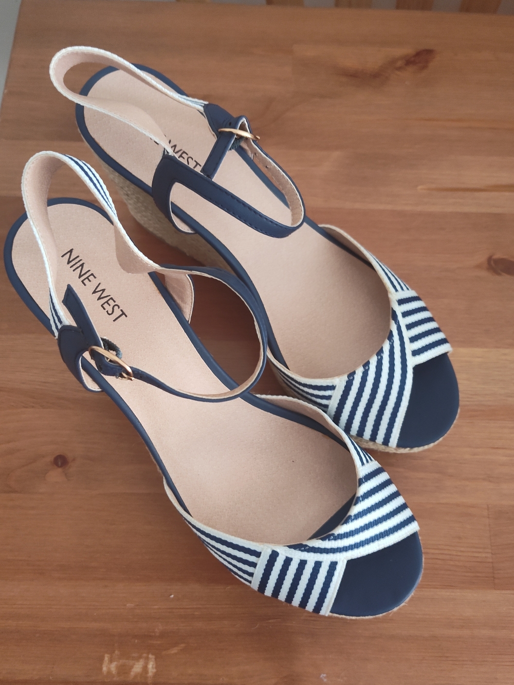 Nine West Navy and White Striped Wedge Sandals